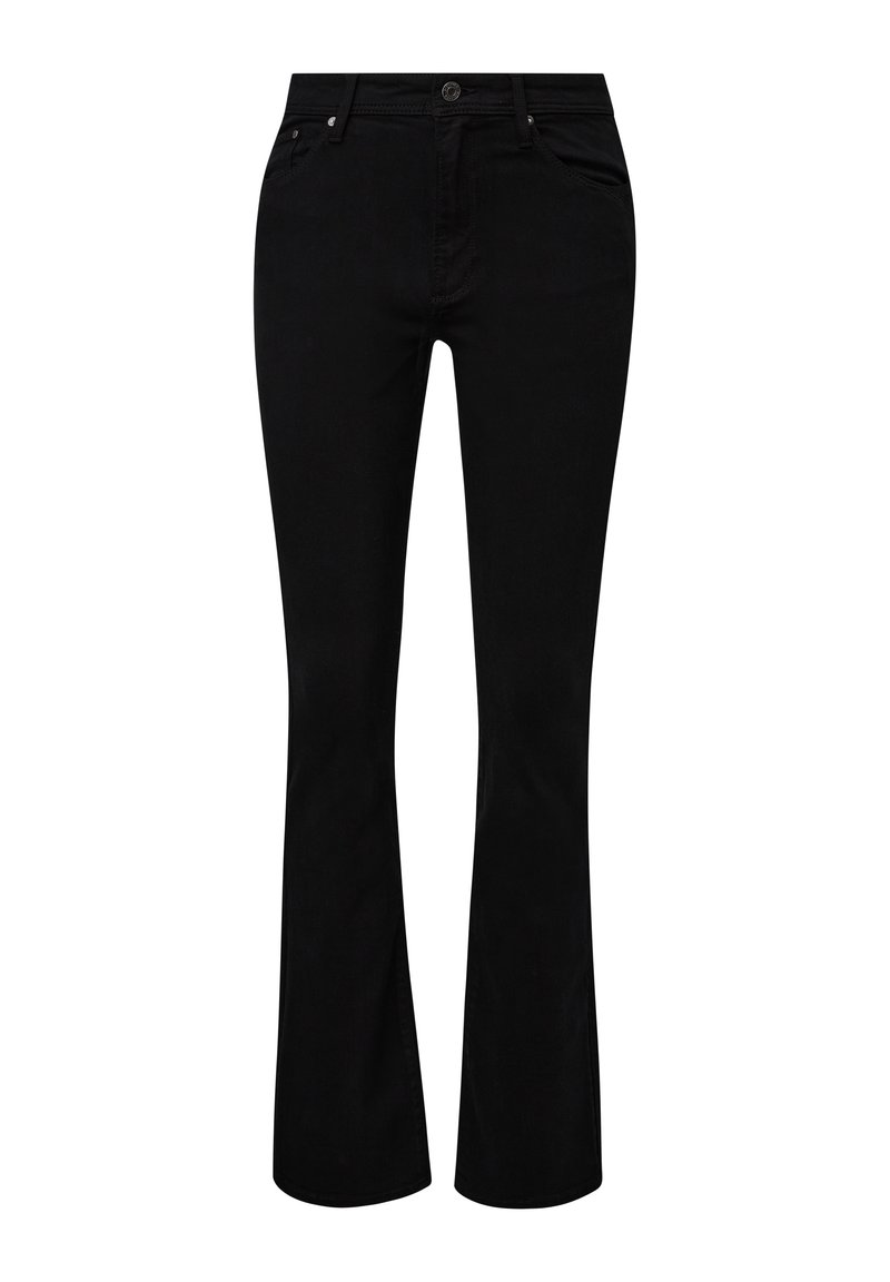 Schwarze ausgestellte Jeans aus einem Baumwoll-Mischgewebe. Mit einem Knopfverschluss, Gürtelschlaufen sowie Vorder- und Gesäßtaschen. Glatte Textur.