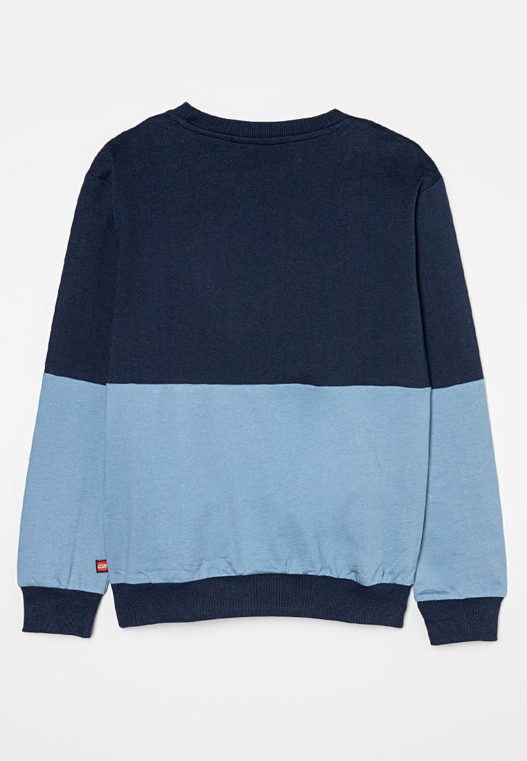 Navy- und hellblaues Sweatshirt mit Rundhalsausschnitt, langen Ärmeln und gerippten Bündchen. Weiche Textur und kontrastierende Farbfelder.