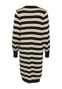 Black and beige striped dress with a relaxed fit, featuring long puff sleeves and a crew neckline, made from a soft, textured material.