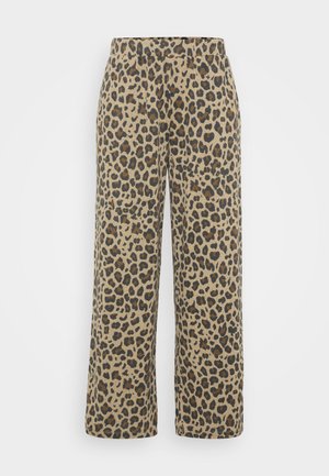 Pantalons larges à imprimé léopard dans des tons beiges et marron, avec une taille extensible et un tissu doux et texturé.