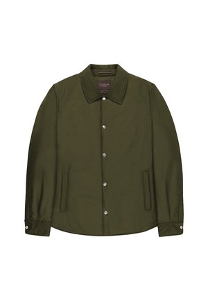 Olijfgroene jas met lange mouwen, drukknoopsluiting aan de voorkant, kraag, twee zijzakken en drukknoopsluitingen op de manchetten.