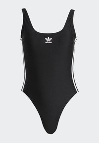 Črn enodelni kopalni kostim z okroglo izrezom, ozkimi belimi stranskimi črtami in majhnim belim Adidasovim logotipom na prsih. Gladek, elastičen material.