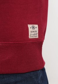 Punainen collegepaita resorilla helmassa ja hihoissa. Varustettu ommellulla merkillä, jossa on tuotemerkki ja vuosiluku. Valmistettu pehmeästä, teksturoidusta kankaasta.