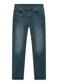 Jeans in denim blu scuro con taglio dritto, dotati di cinque tasche e chiusura con bottone. Texture liscia con leggeri segni di scolorimento.