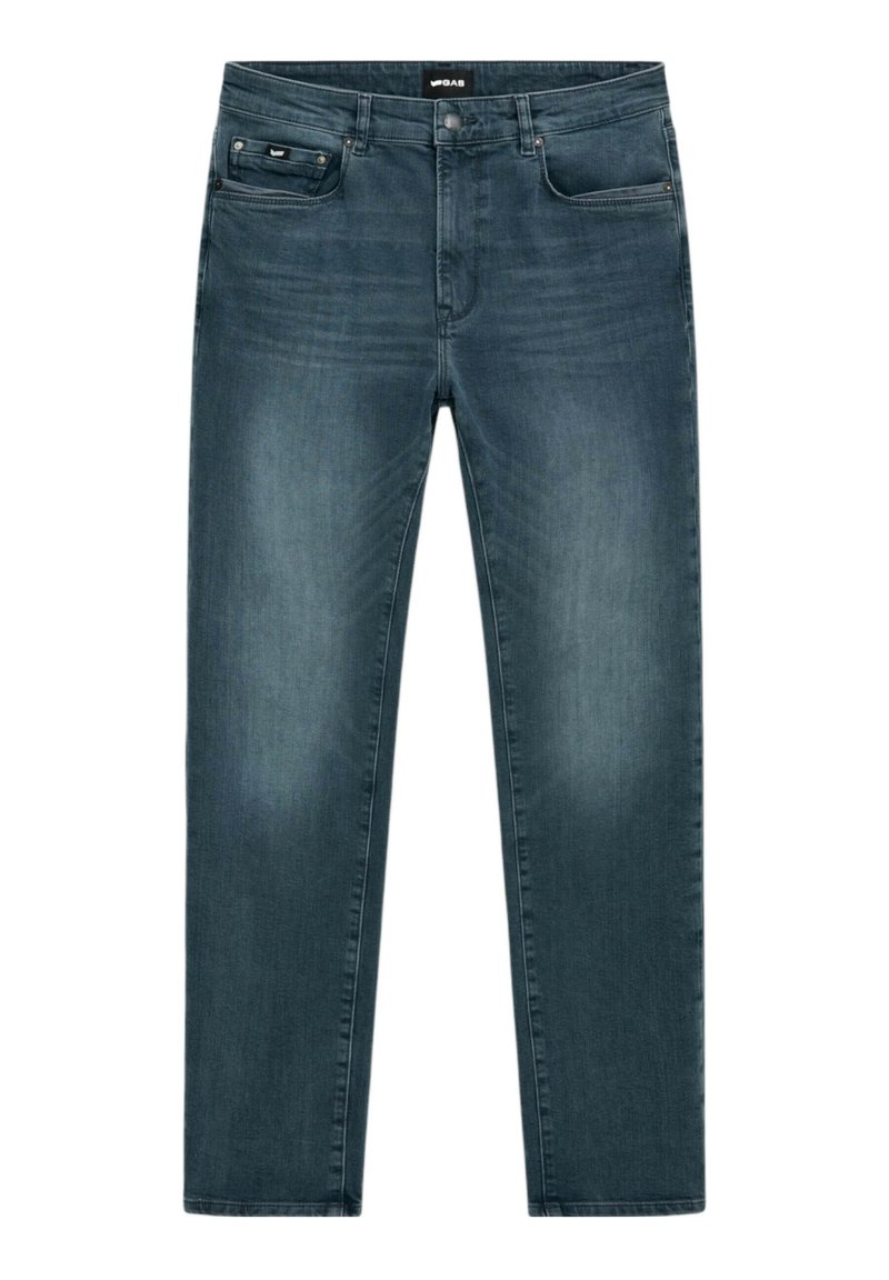 Jeans in denim blu scuro con taglio dritto, dotati di cinque tasche e chiusura con bottone. Texture liscia con leggeri segni di scolorimento.
