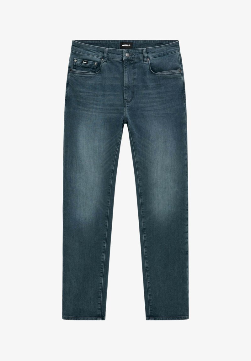 Jeans in denim blu scuro con taglio dritto, dotati di cinque tasche e chiusura con bottone. Texture liscia con leggeri segni di scolorimento.