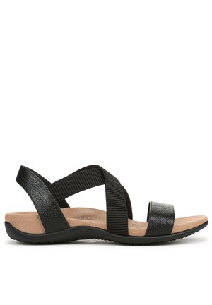 Black sandals with a textured leather upper, featuring two wide straps and a soft, cushioned footbed. Rubber outsole for grip.