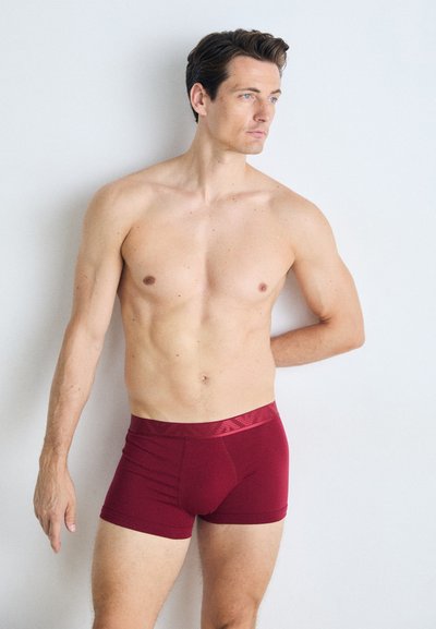 Boxeri scurți din bumbac roșu, cu o textură moale. Dispun de o talie cu model. Modelul este fără cămașă, evidențiind potrivirea produsului.