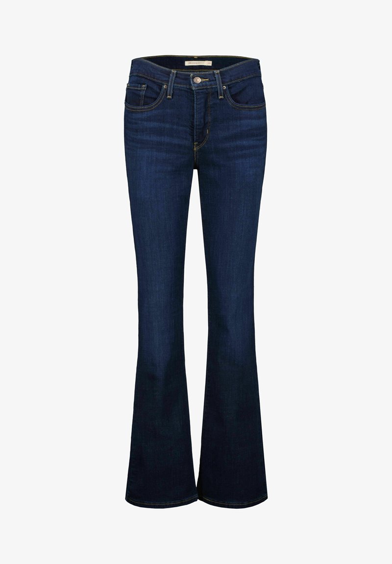 Jean évasé bleu foncé en denim avec taille mi-haute, cinq poches et des détails de couture subtils le long des coutures.