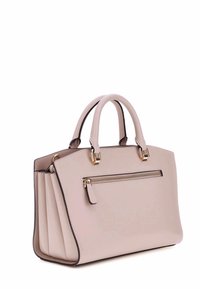 Borsa a mano rosa chiaro con doppie maniglie, hardware color oro, tasca con zip frontale, design strutturato e dettagli di cucitura sottili.
