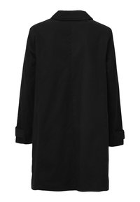Cappotto nero a maniche lunghe con colletto appuntito, dettagli sul retro e design con risvolti. Realizzato in un tessuto liscio con un aspetto minimalista.
