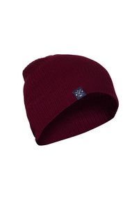 Maroon knit beanie with a ribbed texture, featuring a small black fabric tag with a logo on the side. Soft, stretchy material.