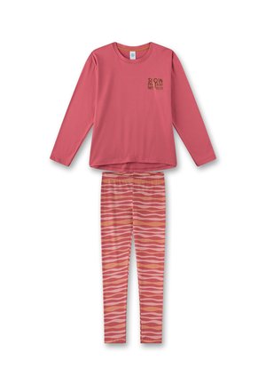 Langärmliges pinkes Oberteil mit dem Text "SLOW motion let loose", kombiniert mit gemusterten Leggings, die Wellen in den Farbtönen Pink und Beige zeigen.