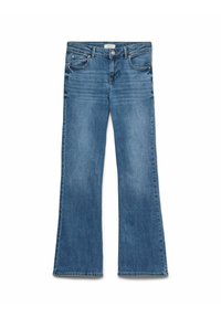 Jeans de mezclilla azul de corte acampanado con cintura alta, diseño de cinco bolsillos y un acabado deslavado. Incluye cierre de botón metálico y cremallera.