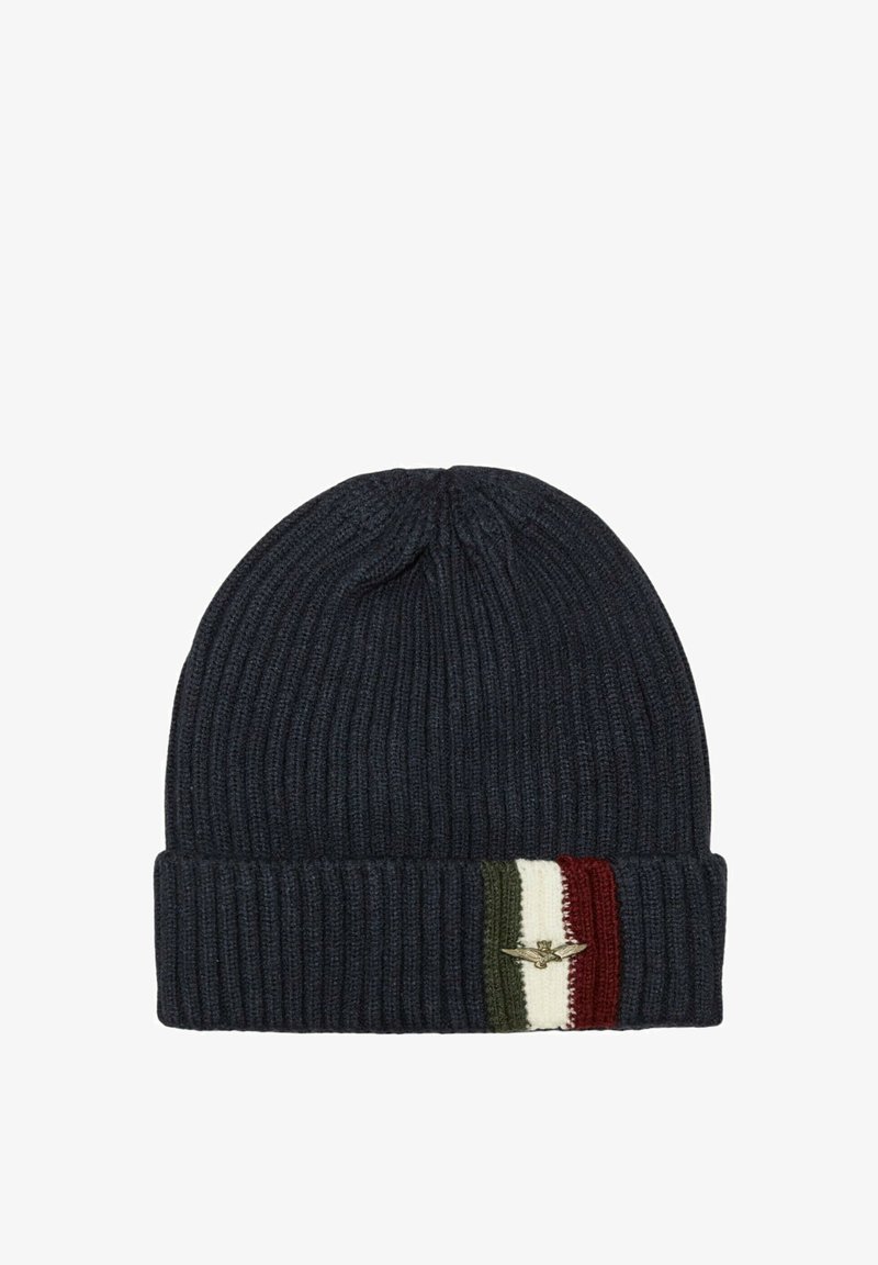 Berretto in maglia navy con texture a costine, dotato di un risvolto decorato con strisce verdi, bianche e rosse, e un piccolo accento con logo.