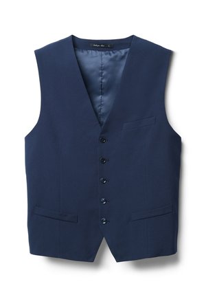 Navy blue waistcoat with a v-neck, six button front closure, two side pockets, and smooth inner lining. Made from a textured fabric.