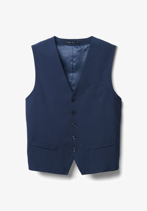 Marinblaues Weste mit V-Ausschnitt, sechs Knopf-Frontverschluss, zwei Seitentaschen und glattem Innenfutter. Hergestellt aus einem strukturierten Stoff.