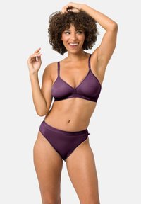 Purple lingerie set consisting of a smooth, triangle bra and high-waisted brief, featuring adjustable straps and a subtle logo band.