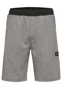 Grå idrottsshorts med svart elastisk midja, sidofickor och en logotag på den nedre fållen. Slät textur, knä-lång design.
