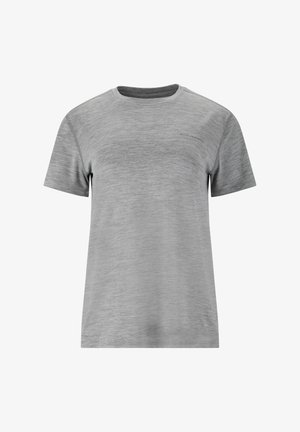 Grå atletisk t-shirt lavet af letvægtsstof, med rund halsudskæring, korte ærmer og subtilt tekstureret mønster.