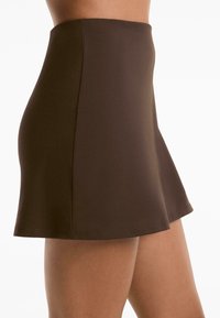 Brown high-waisted skirt with a flared design, made from a smooth fabric. Features a clean hem and simple stitching.