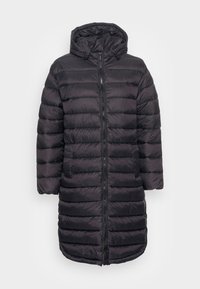 Zwarte donzen jas met capuchon, voorzien van een horizontaal doorgestikt design, ritssluiting aan de voorkant en twee zijzakken. Zacht, lichtgewicht materiaal.