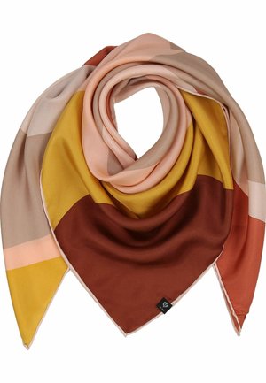 Foulard en soie plié en spirale, présentant des couleurs en blocs beige, rose, jaune moutarde, rouille et marron avec une petite étiquette de marque noire.