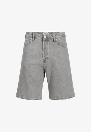 Gray denim shorts with a straight-leg design, featuring a button closure, five pockets, and subtle texture.