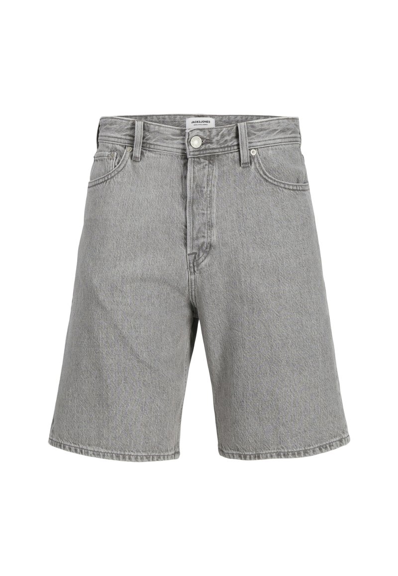 Shorts en denim gris au design droit, dotés d'une fermeture à bouton, de cinq poches et d'une texture subtile.