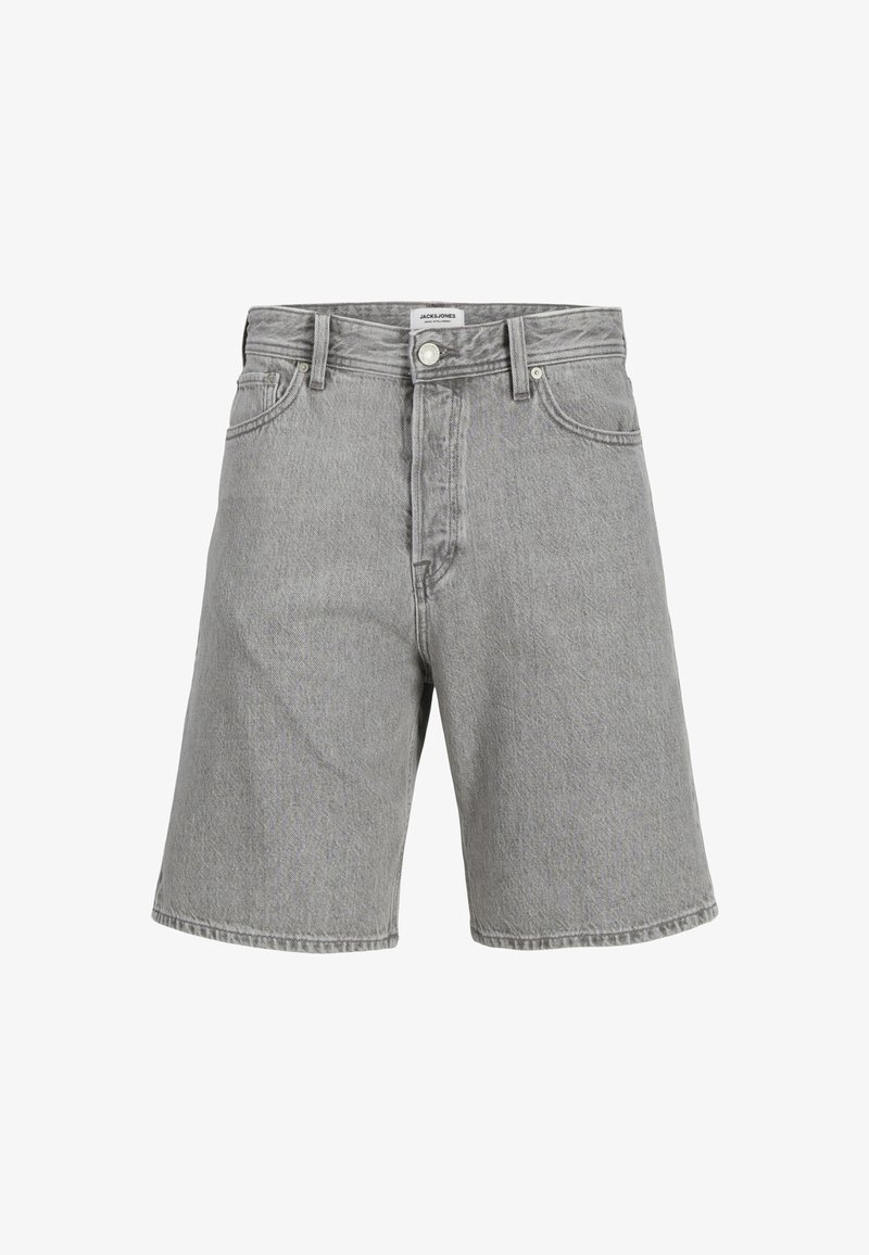Shorts en denim gris au design droit, dotés d'une fermeture à bouton, de cinq poches et d'une texture subtile.