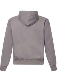 Grå hættetrøje i blødt materiale med ribbede manchetter og talje. Har et enkelt design uden mønstre eller pynt.