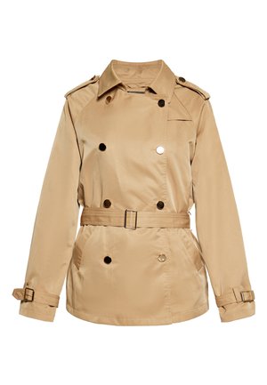 Cappotto trench beige doppiopetto con cintura, colletto strutturato, mostrine e bottoni. Tessuto morbido con tasche laterali e polsini regolabili.