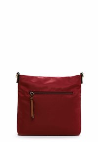 Red nylon handbag with a smooth texture, featuring a front zipper pocket and a brown leather accent on the zipper pull. Compact and functional design.