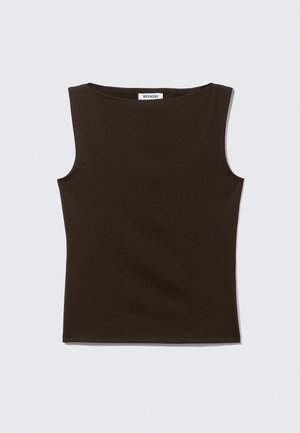Brown sleeveless top made from a stretchy fabric. Features a round neckline and a fitted design with clean edges. Label reads "WEEKDAY."