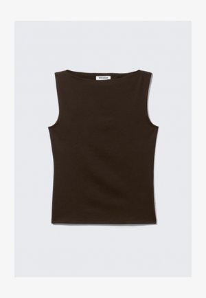 Top castanho sem mangas feito de um tecido elástico. Apresenta um decote redondo e um design ajustado com bordas limpas. A etiqueta diz "WEEKDAY."