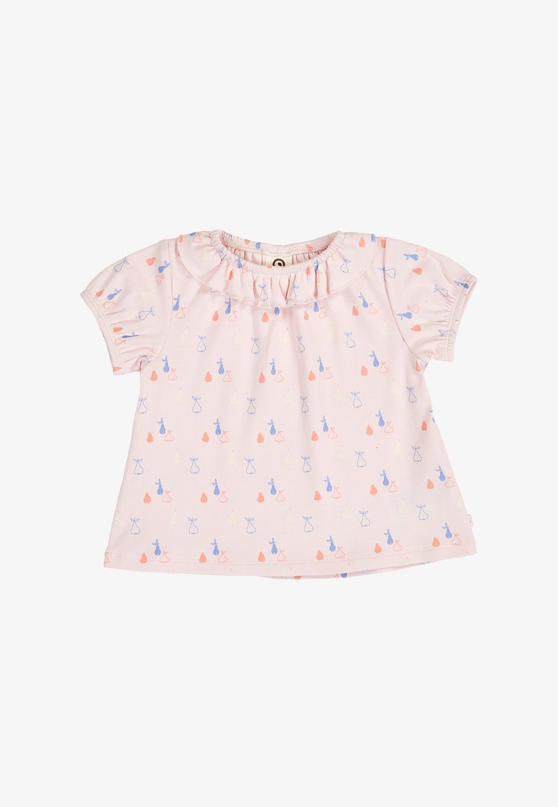 Chemise pour bébé rose clair à manches courtes, col à volants, décorée de motifs de chats bleus et dîmes oranges en forme de poire sur toute la surface.