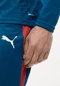 Κοντινό μιας χεριού που ακουμπάει δίπλα σε μπλε αθλητικό παντελόνι με κόκκινη ρίγα και λευκό λογότυπο Puma, φορώντας μπλε αθλητική μπλούζα με υφή και ετικέτα DRYCELL.