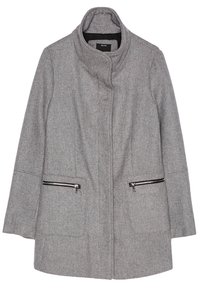 Grå ullblandad kappa med hög krage, som har två framfickor med blixtlås och rak passform. Texturerad tyg med minimala sömmar.