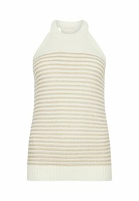 Top halter in maglia con una base crema chiara e righe orizzontali dorate e crema, colletto rotondo e design aderente. Texture liscia.
