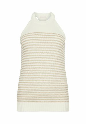 Haut halter en tricot avec une base crème clair et des rayures horizontales dorées et crème, col rond et design ajusté. Texture lisse.