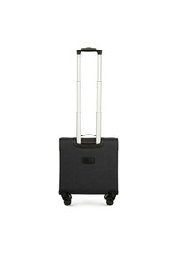 Valise à roulettes en tissu noir avec une poignée robuste et deux tiges en aluminium extensibles. Dispose de quatre roues noires pour une mobilité facile.