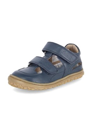 Chaussure enfant en cuir bleu marine avec deux bandes auto-agrippantes réglables et une semelle en caoutchouc beige texturée.