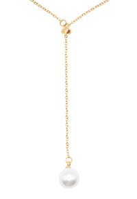 Collana in oro con pendente a forma di perla bianca liscia; design minimalista con una sola perla sospesa da una delicata catenina.