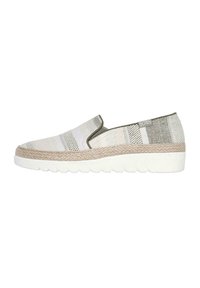 Zapatos slip-on con un upper de tejido texturizado en colores claros, que presentan paneles laterales elásticos y una entresuela de yute tejido con una suela exterior de goma blanca.