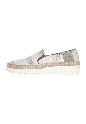 Zapatos slip-on con un upper de tejido texturizado en colores claros, que presentan paneles laterales elásticos y una entresuela de yute tejido con una suela exterior de goma blanca.