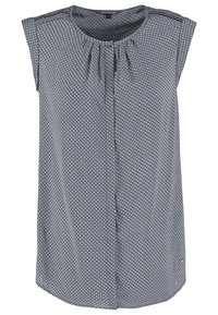 Kortärmad blus i marinblått med ett diamantmönster, med en plisserad halsringning och en liten gyllene detalj i nederkant. Lättviktig tyg.