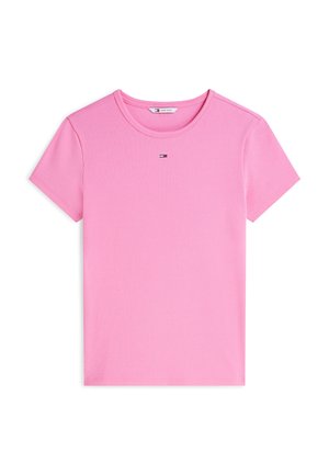T-shirt rose à manches courtes en maille côtelée avec un col rond et un petit logo Tommy Hilfiger centré sous le col.