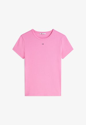 T-shirt rose à manches courtes en maille côtelée avec un col rond et un petit logo Tommy Hilfiger centré sous le col.