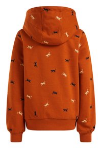 Oranžna kapuca s vrvico, ki vsebuje razpršen vzorec črnih, belih in smetanastih silhuet mačk. Rebrasti manšeti in rob.