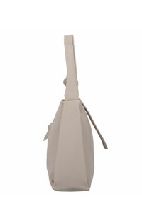 Borsa a mano beige con texture, dotata di un'unica maniglia allungata e chiusura con zip, caratterizzata da una delicata pieghetta laterale.